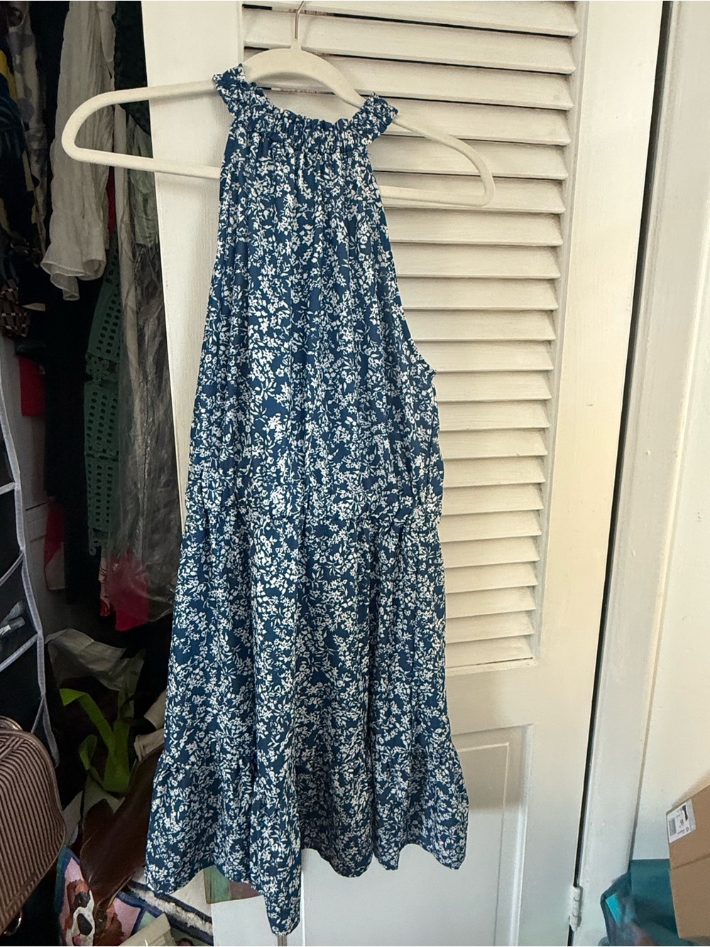 Navy Boho Floral Tiered Halter Mini Dress Festival Summer M